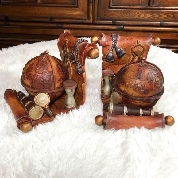 Old World Globe Antique Finished Weighted Resin Bookends - Picture 1 of 14